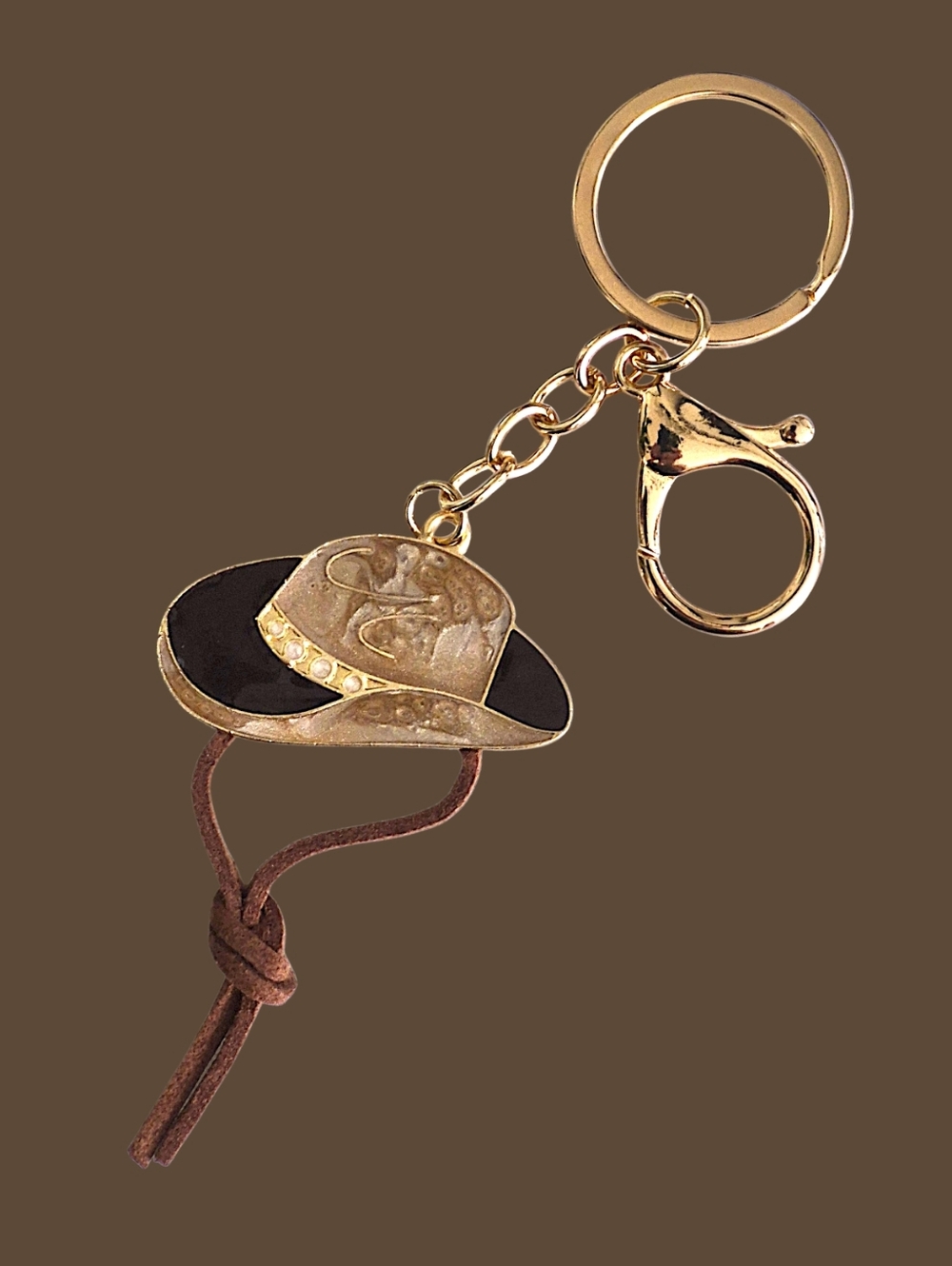 Western Cowboy Hat Bag Charm / Keychain with Brown Suede Tassel